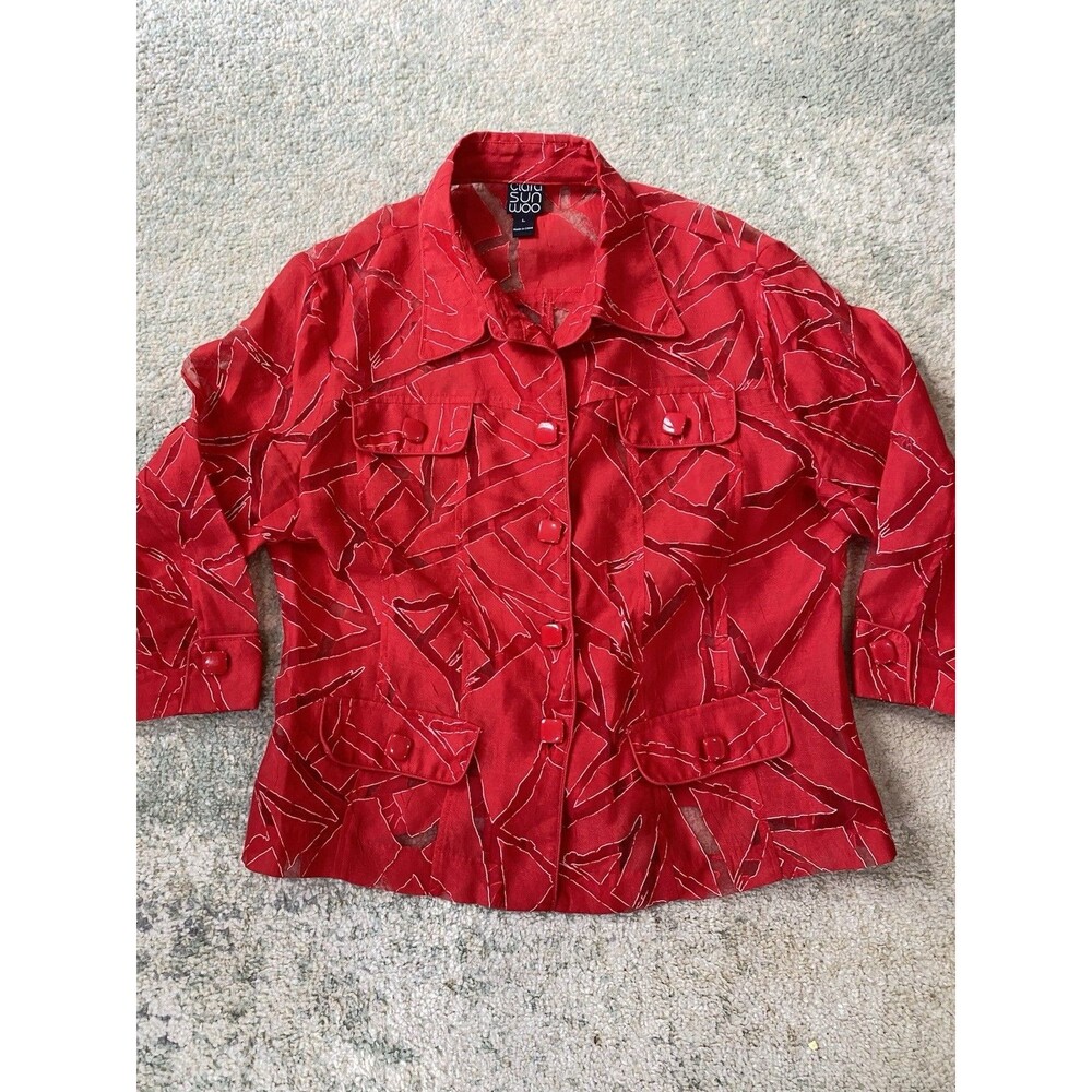 Clara Sun Woo Blazer Linen Blend Large Lace Artsy Design Sheer Dressy 3 Button
